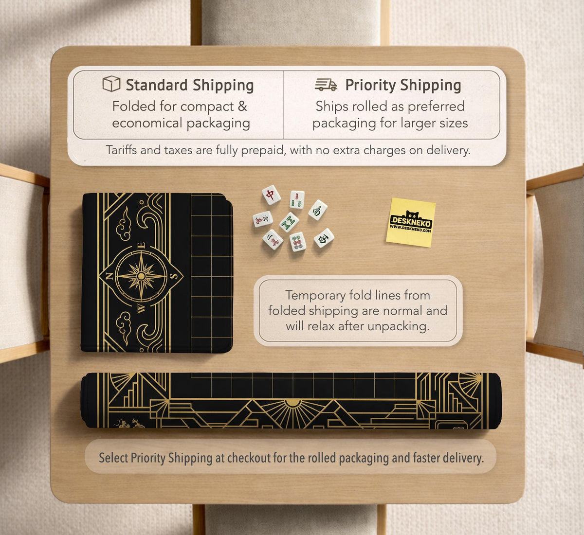 Black and gold square mahjong mat with a scalloped edge, geometric border, thin line details, fan motifs, and dragon and phoenix accents around an open center.