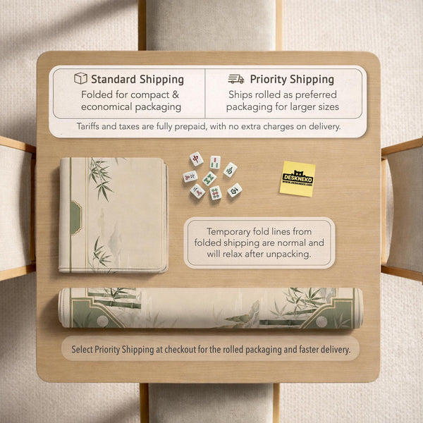 Square mahjong mat with a sage green bamboo and mountain design, cream center, scalloped border details, and gold line accents.