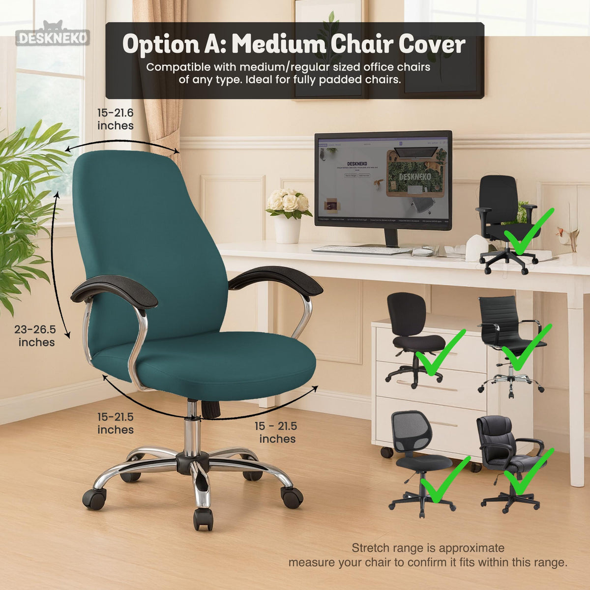 Solid teal chair cover shown as a fitted slipcover for a high back office or gaming chair, with multiple style options mentioned in the listing.