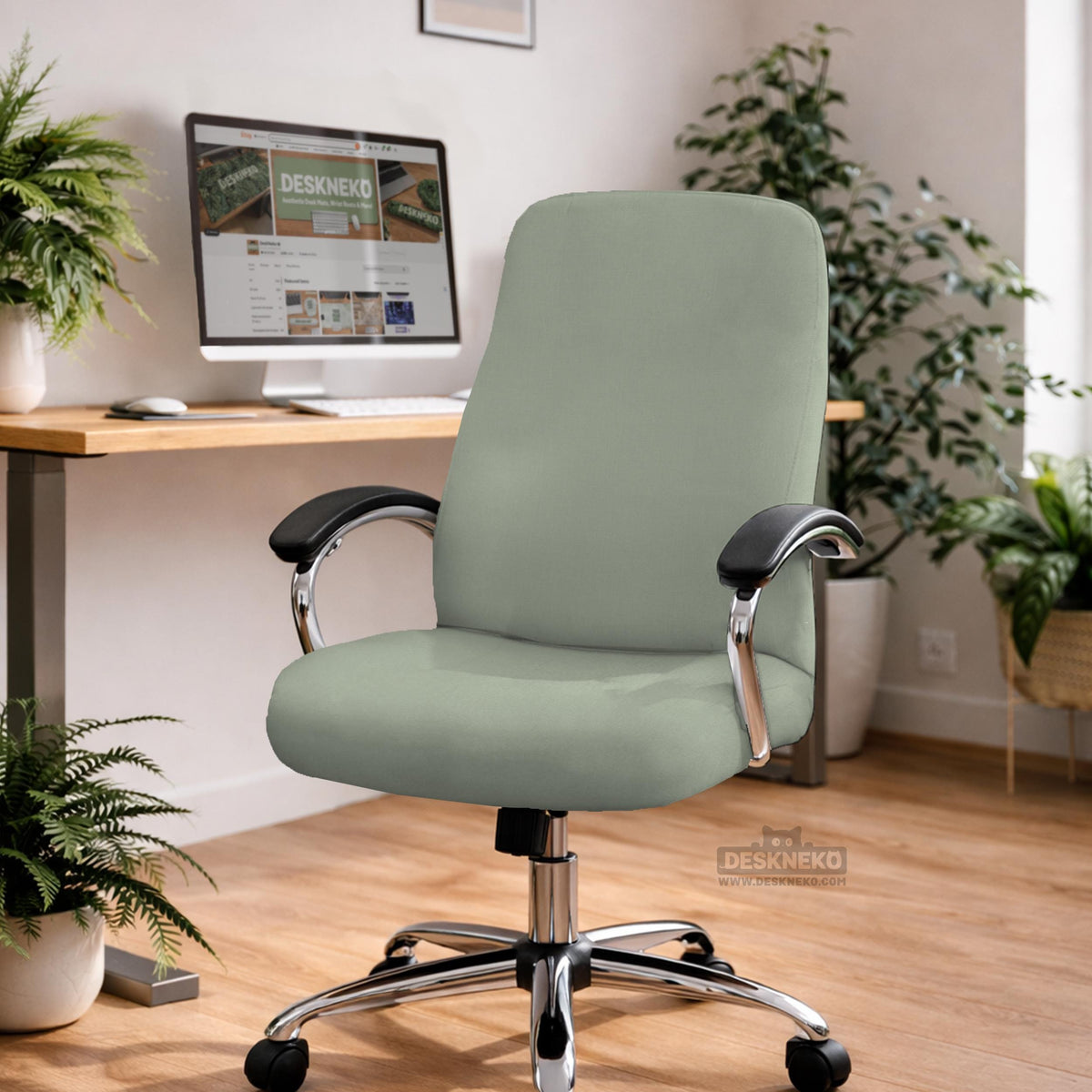 Sage green chair cover options shown for a high back gaming or office chair, including full chair cover, back and seat cover, seat-only cover, and armrest-only cover styles.