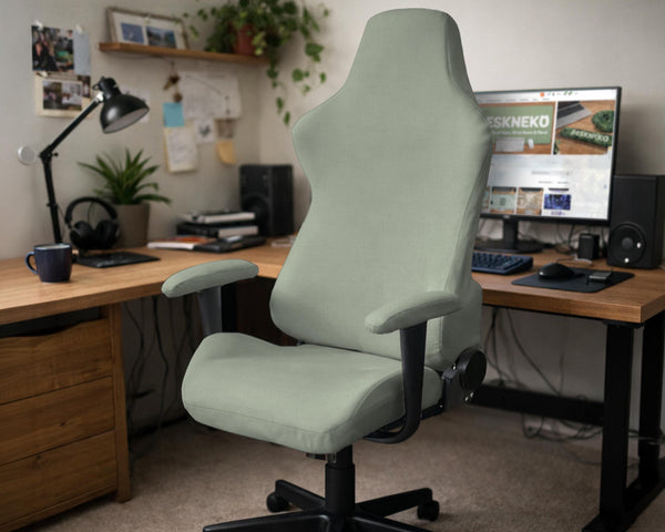Sage green chair cover options shown for a high back gaming or office chair, including full chair cover, back and seat cover, seat-only cover, and armrest-only cover styles.
