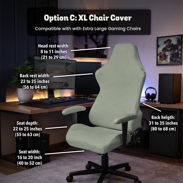 Sage green chair cover options shown for a high back gaming or office chair, including full chair cover, back and seat cover, seat-only cover, and armrest-only cover styles.