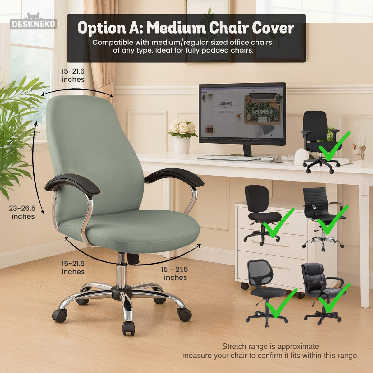 Sage green chair cover options shown for a high back gaming or office chair, including full chair cover, back and seat cover, seat-only cover, and armrest-only cover styles.