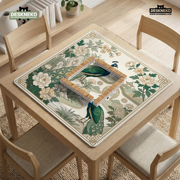 A green mahjong mat with peacock, floral, bamboo, pagoda, and gold border artwork in a scalloped chinoiserie style.