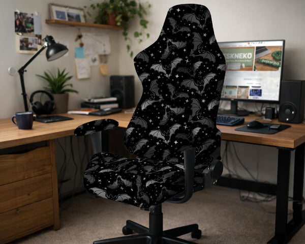 Black chair cover with a bat and star pattern shown on a gaming chair, with multiple cover style options listed for full chair, back and seat, seat only, and armrests.
