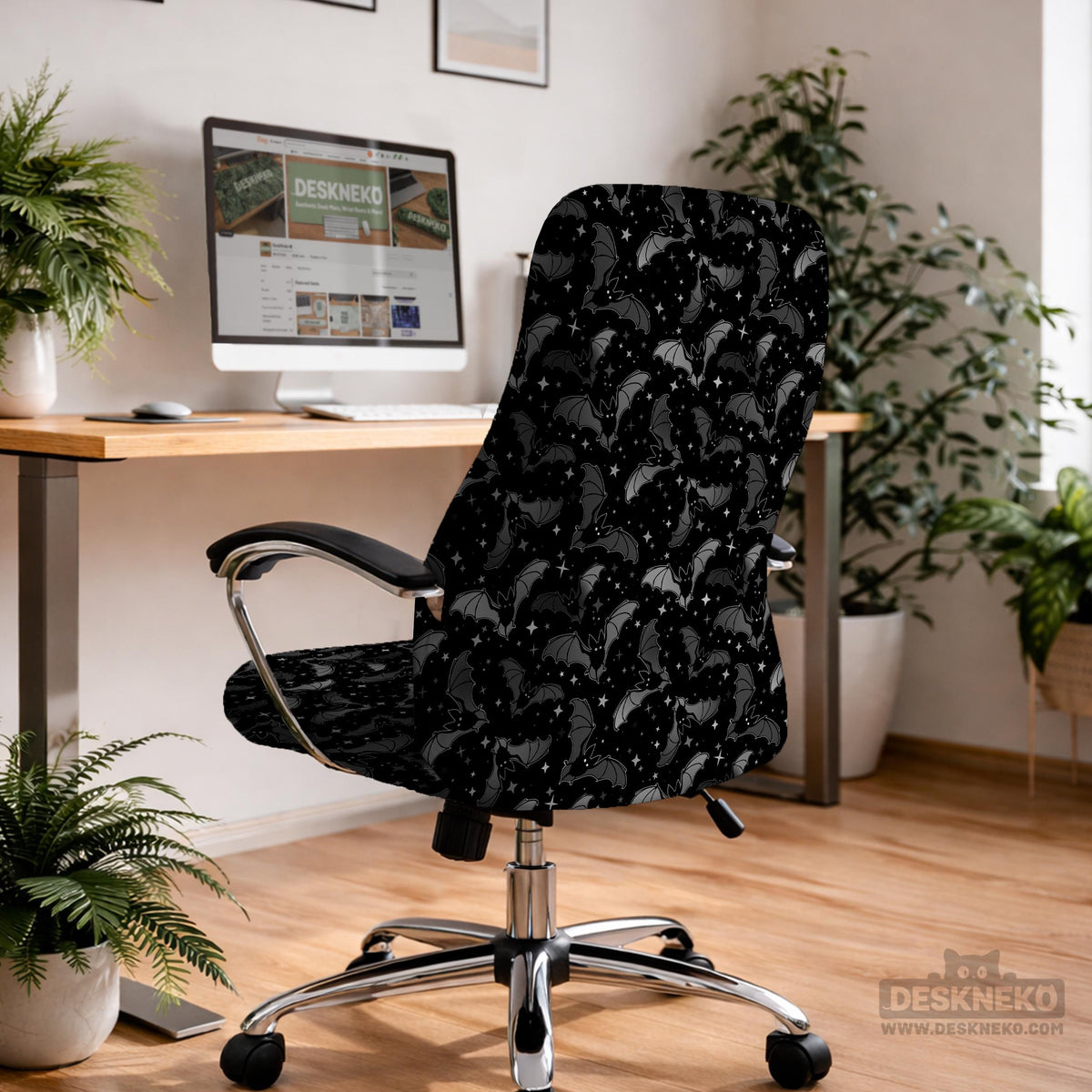 Black chair cover with a bat and star pattern shown on a gaming chair, with multiple cover style options listed for full chair, back and seat, seat only, and armrests.