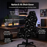 Black chair cover with a bat and star pattern shown on a gaming chair, with multiple cover style options listed for full chair, back and seat, seat only, and armrests.