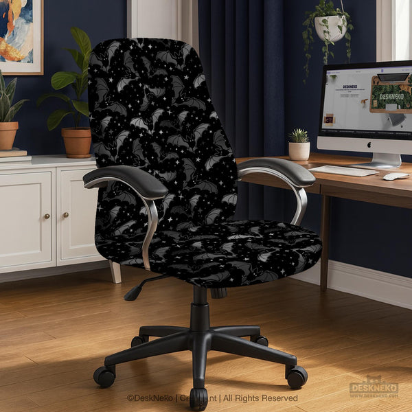 Black chair cover with a bat and star pattern shown on a gaming chair, with multiple cover style options listed for full chair, back and seat, seat only, and armrests.