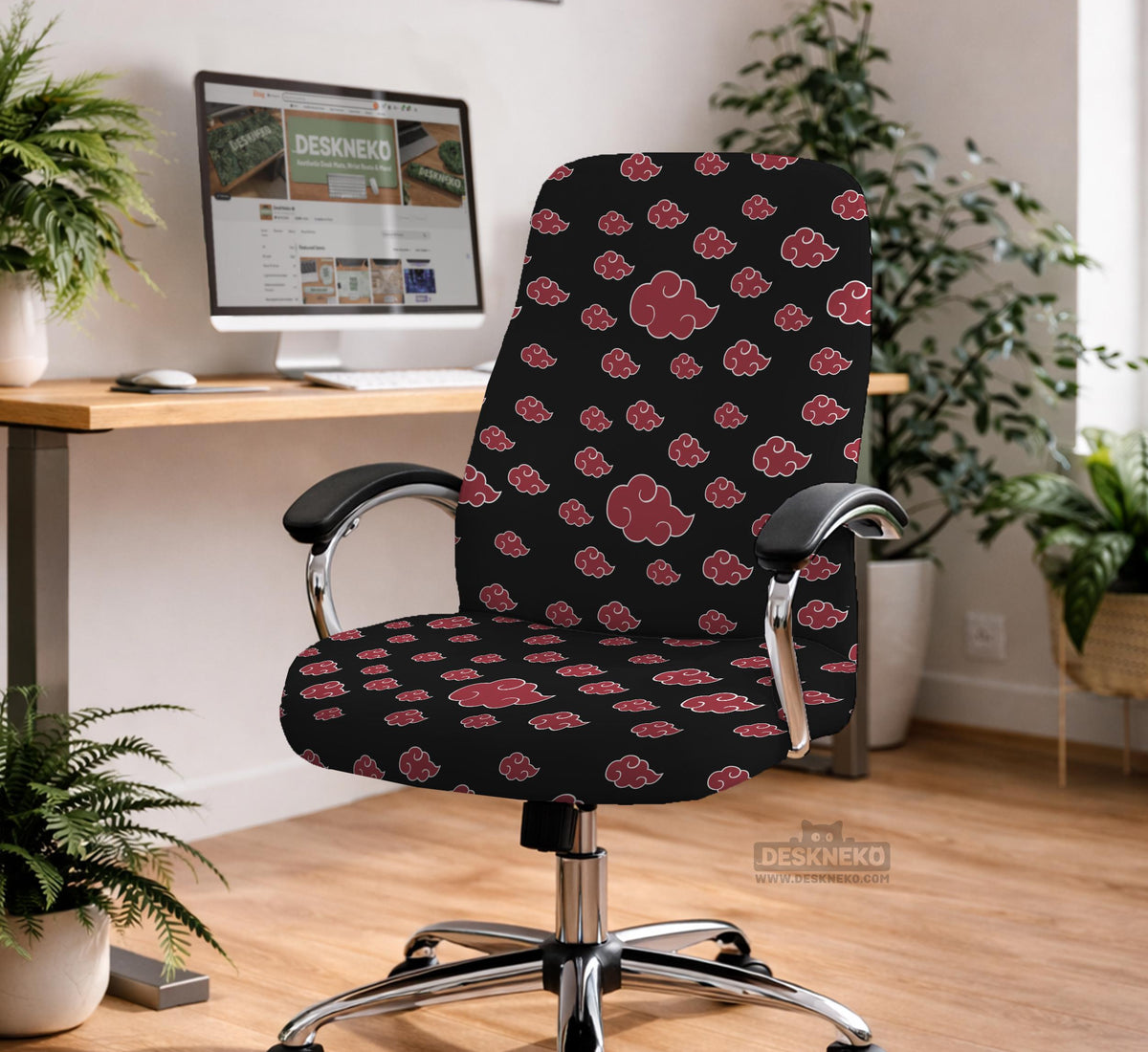 Black and red gaming chair cover with a red cloud pattern shown as multiple cover options, including full chair, back-and-seat, seat-only, and armrest-only styles.