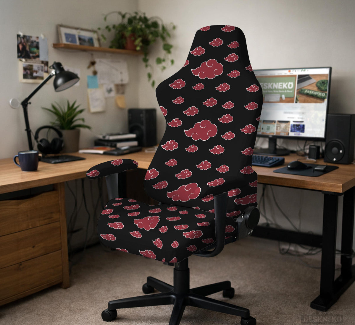 Black and red gaming chair cover with a red cloud pattern shown as multiple cover options, including full chair, back-and-seat, seat-only, and armrest-only styles.
