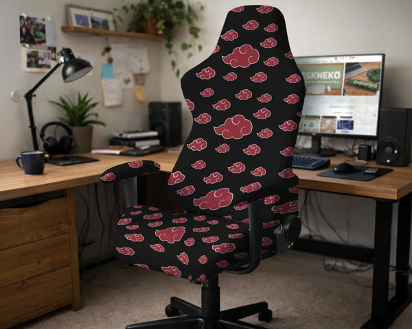 Black and red gaming chair cover with a red cloud pattern shown as multiple cover options, including full chair, back-and-seat, seat-only, and armrest-only styles.
