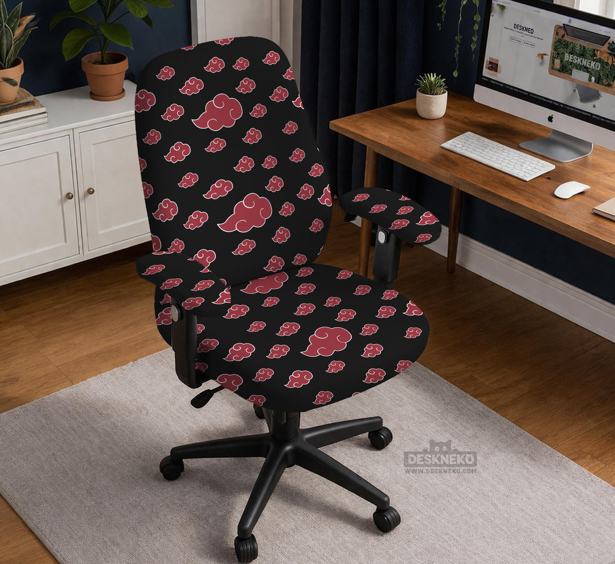 Black and red gaming chair cover with a red cloud pattern shown as multiple cover options, including full chair, back-and-seat, seat-only, and armrest-only styles.