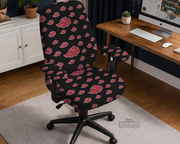 Black and red gaming chair cover with a red cloud pattern shown as multiple cover options, including full chair, back-and-seat, seat-only, and armrest-only styles.