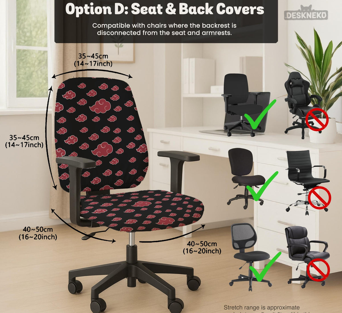 Black and red gaming chair cover with a red cloud pattern shown as multiple cover options, including full chair, back-and-seat, seat-only, and armrest-only styles.