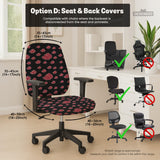 Black and red gaming chair cover with a red cloud pattern shown as multiple cover options, including full chair, back-and-seat, seat-only, and armrest-only styles.