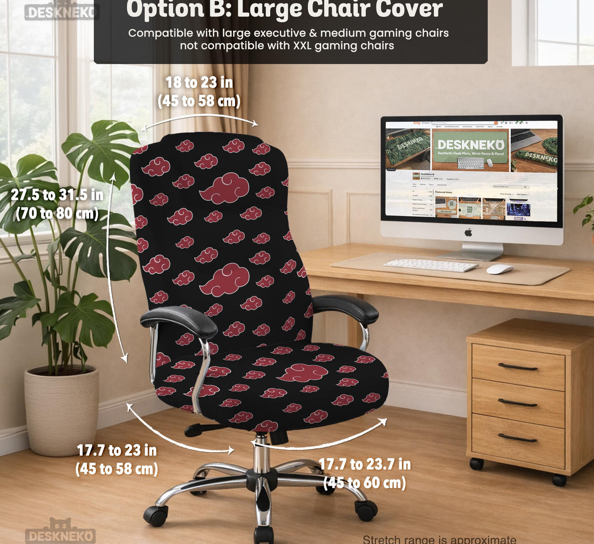 Black and red gaming chair cover with a red cloud pattern shown as multiple cover options, including full chair, back-and-seat, seat-only, and armrest-only styles.