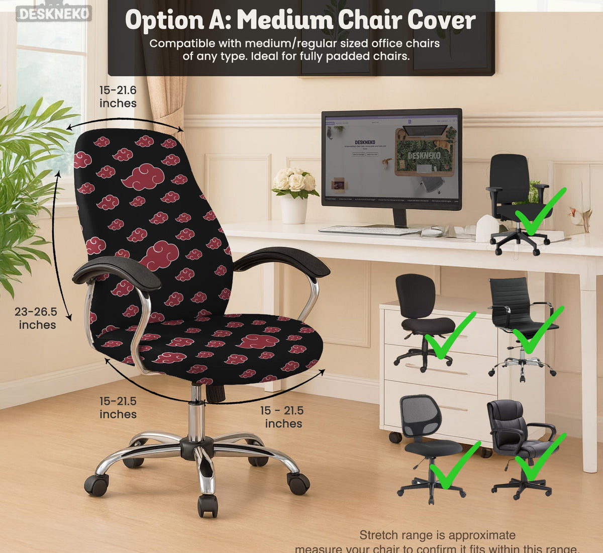 Black and red gaming chair cover with a red cloud pattern shown as multiple cover options, including full chair, back-and-seat, seat-only, and armrest-only styles.
