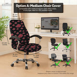 Black and red gaming chair cover with a red cloud pattern shown as multiple cover options, including full chair, back-and-seat, seat-only, and armrest-only styles.
