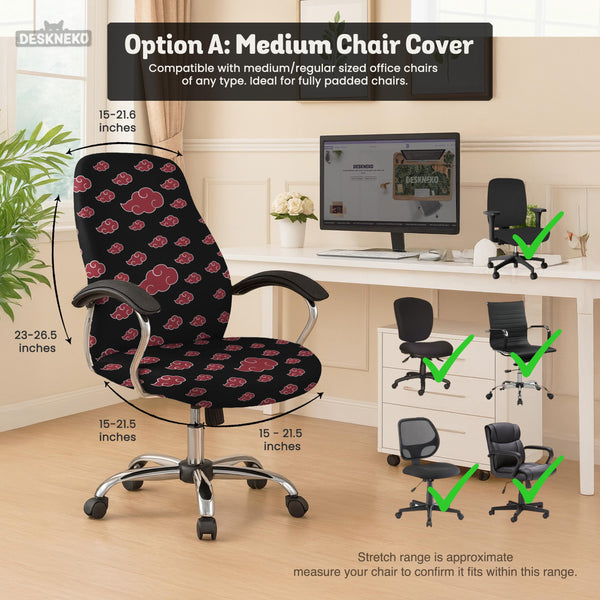 Black and red gaming chair cover with a red cloud pattern shown as multiple cover options, including full chair, back-and-seat, seat-only, and armrest-only styles.