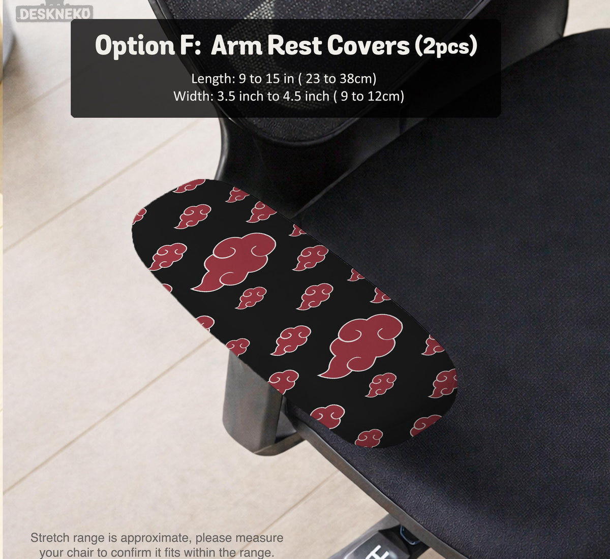 Black and red gaming chair cover with a red cloud pattern shown as multiple cover options, including full chair, back-and-seat, seat-only, and armrest-only styles.
