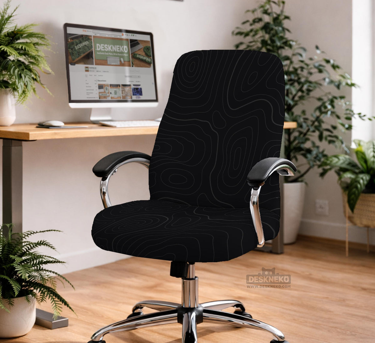 Black chair cover with a thin line art pattern on a gaming chair, shown with a high back and armrest areas covered.