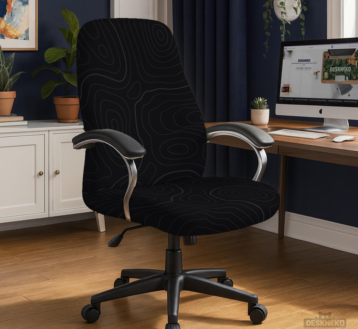 Black chair cover with a thin line art pattern on a gaming chair, shown with a high back and armrest areas covered.