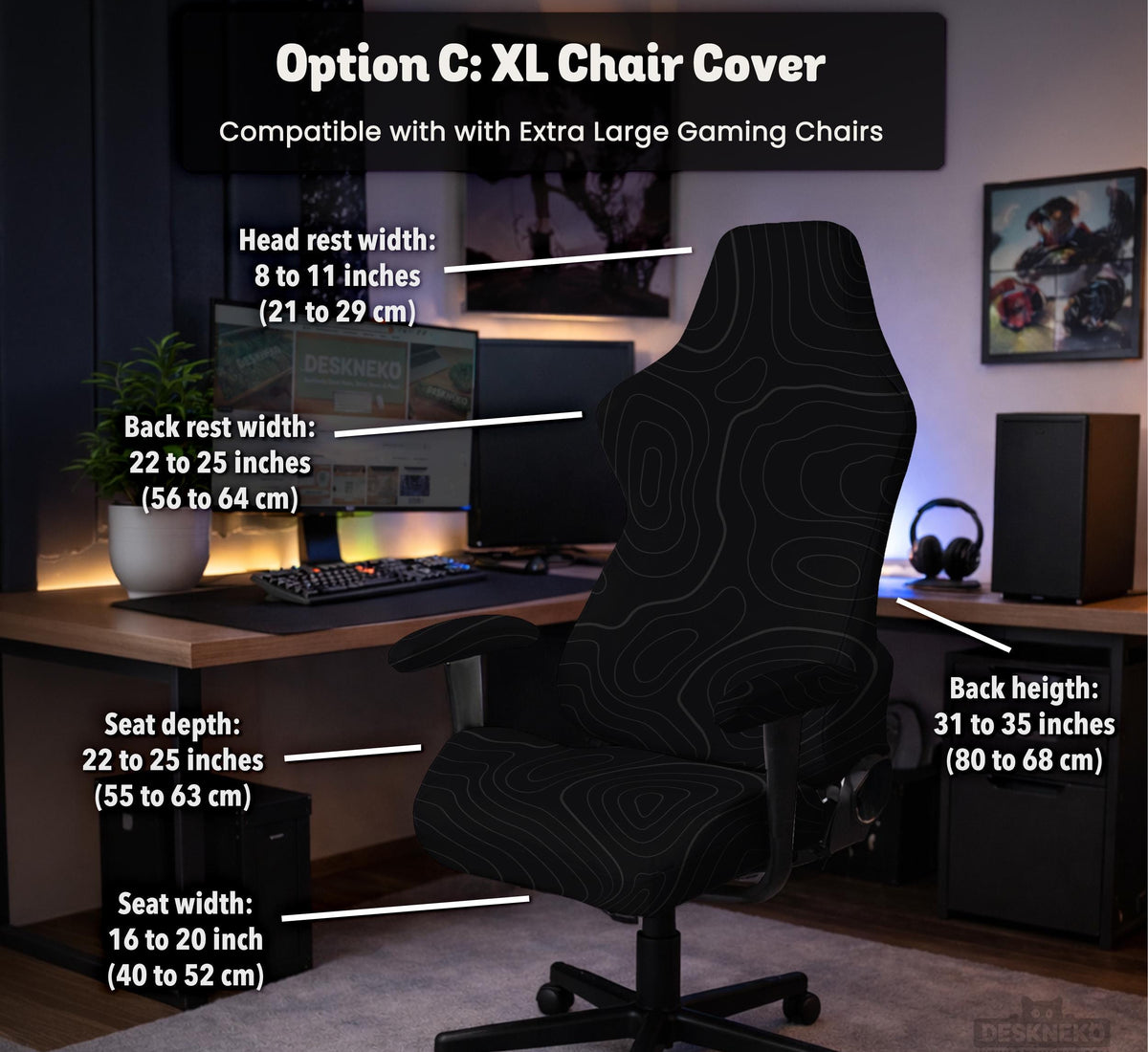 Black chair cover with a thin line art pattern on a gaming chair, shown with a high back and armrest areas covered.