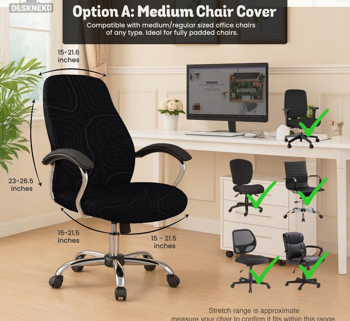 Black chair cover with a thin line art pattern on a gaming chair, shown with a high back and armrest areas covered.