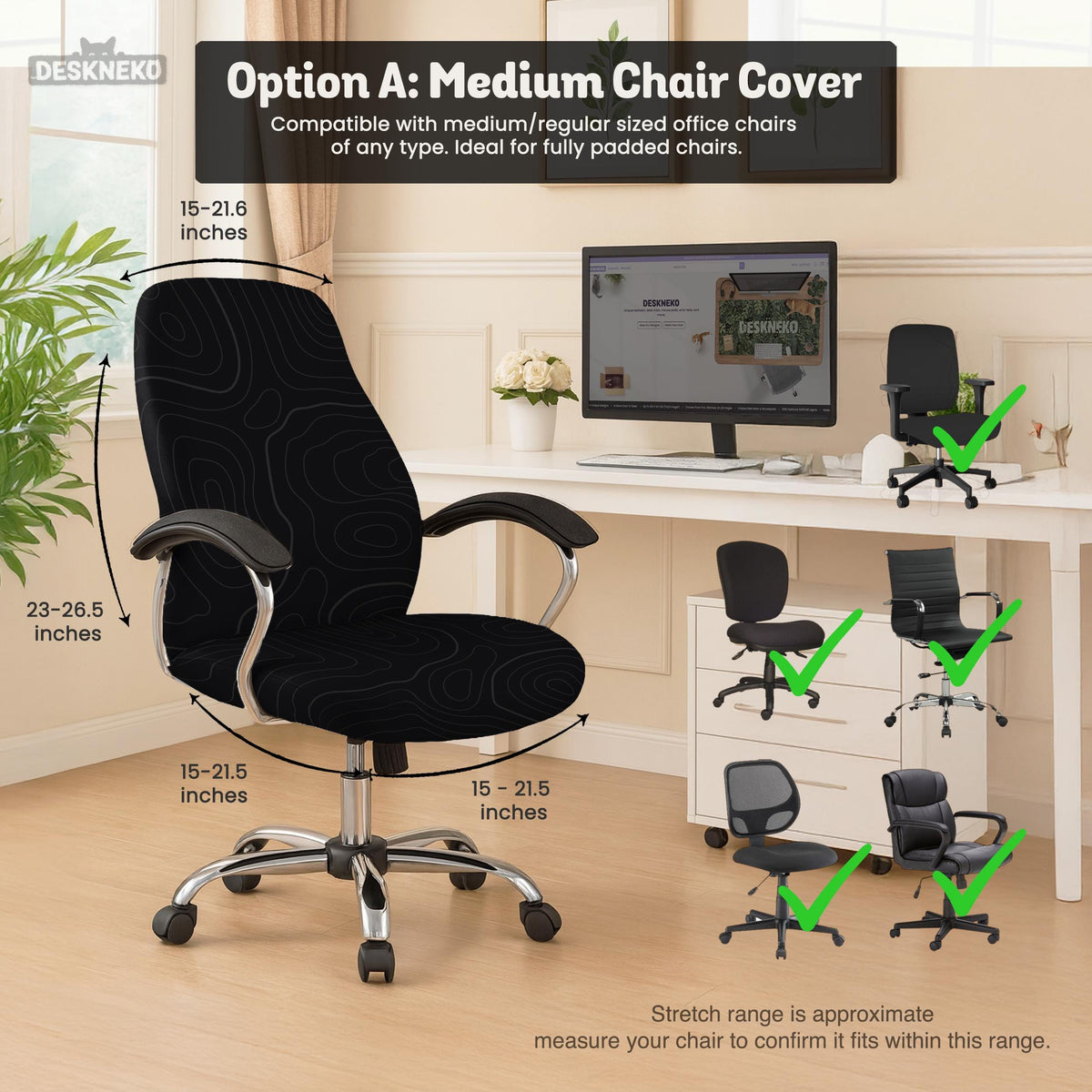 Black chair cover with a thin line art pattern on a gaming chair, shown with a high back and armrest areas covered.