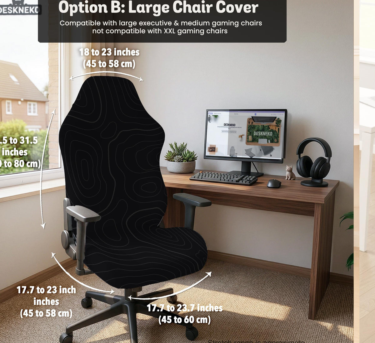 Black chair cover with a thin line art pattern on a gaming chair, shown with a high back and armrest areas covered.