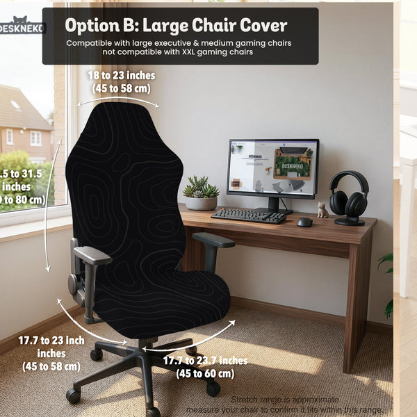 Black chair cover with a thin line art pattern on a gaming chair, shown with a high back and armrest areas covered.