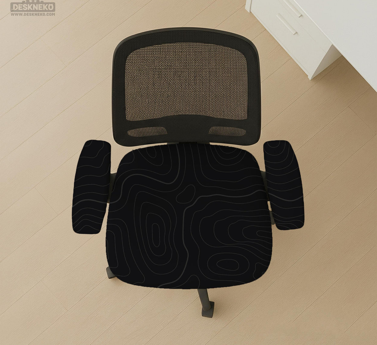 Black chair cover with a thin line art pattern on a gaming chair, shown with a high back and armrest areas covered.