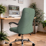 Sage green chair cover with a topographic line pattern shown on a desk chair, with armrest openings visible.