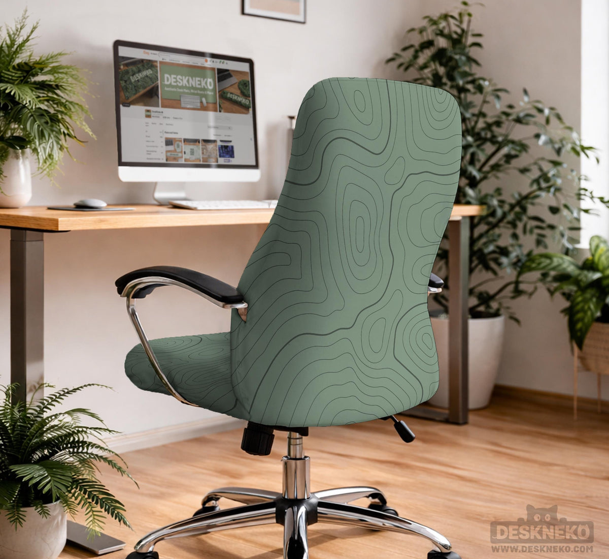 Sage green chair cover with a topographic contour-line pattern on a high-back gaming or office chair.