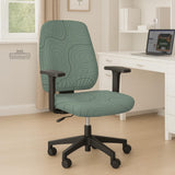 Sage green chair cover with a topographic line pattern shown on a desk chair, with armrest openings visible.