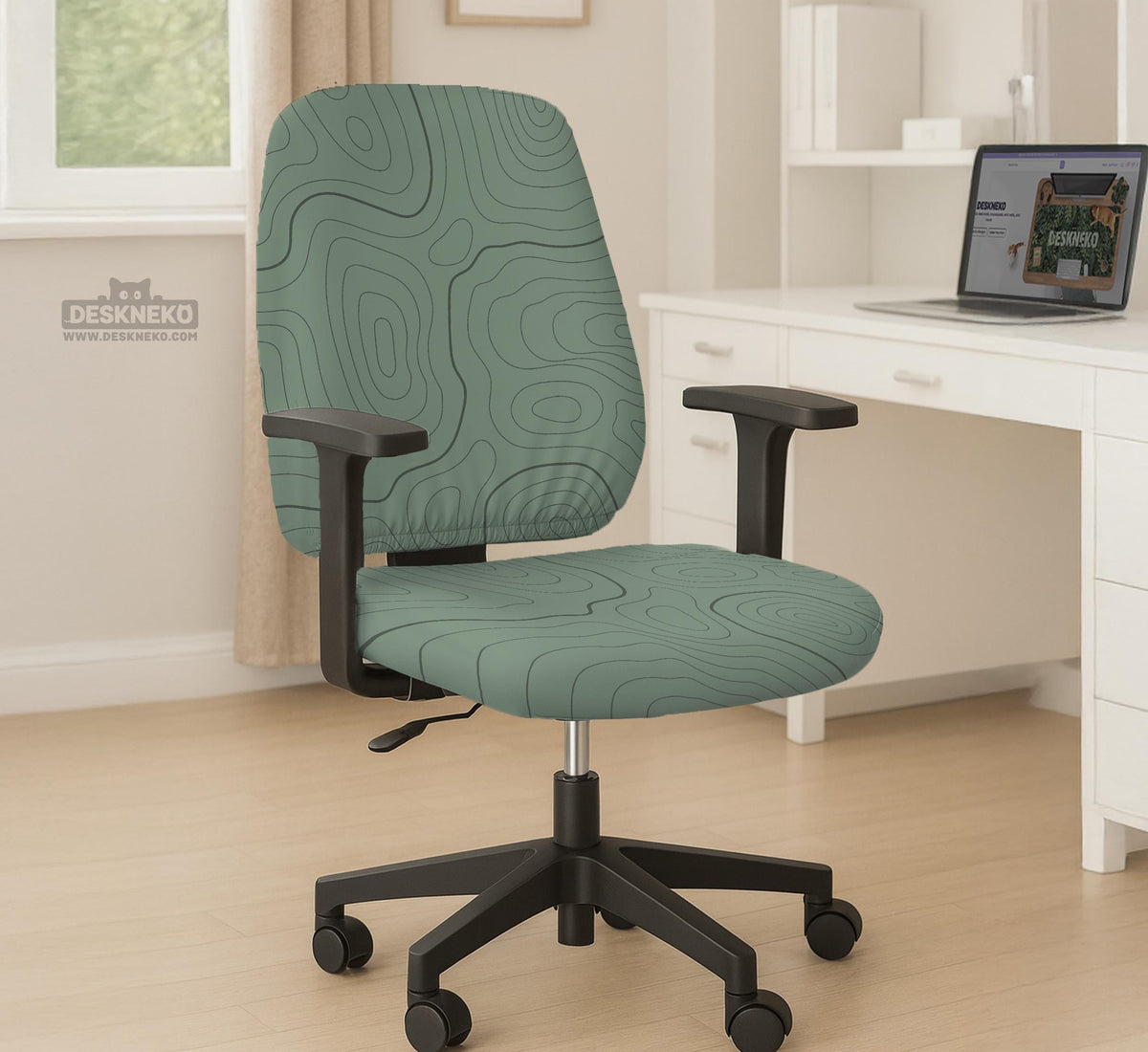 Sage green chair cover with a topographic contour-line pattern on a high-back gaming or office chair.
