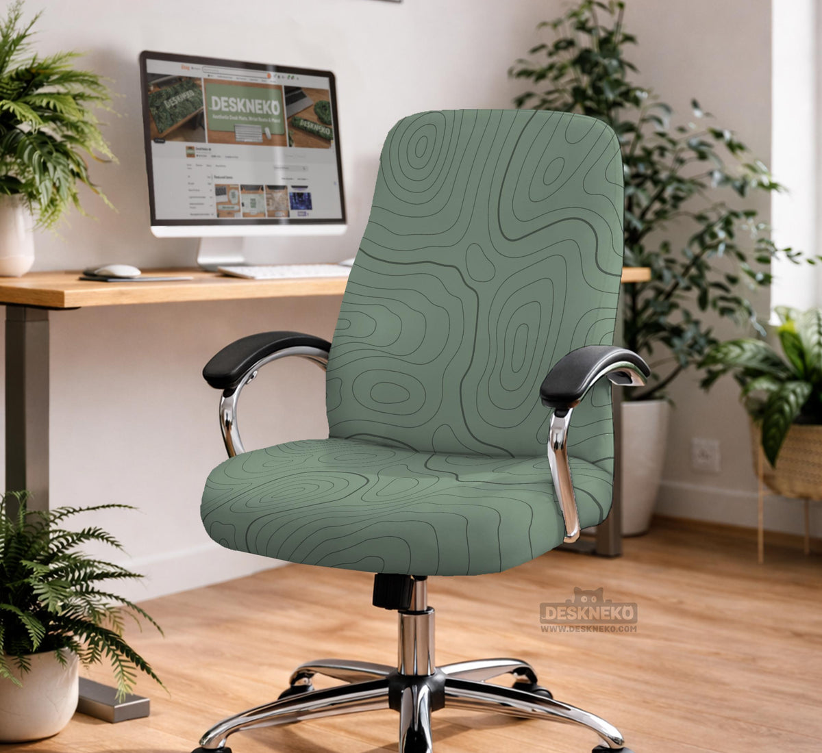 Sage green chair cover with a topographic line pattern shown on a desk chair, with armrest openings visible.