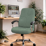Sage green chair cover with a topographic line pattern shown on a desk chair, with armrest openings visible.