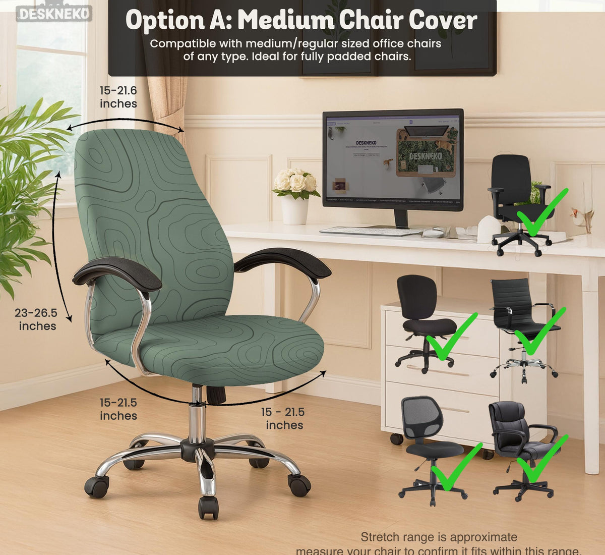 Sage green chair cover with a topographic line pattern shown on a desk chair, with armrest openings visible.