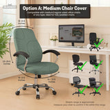 Sage green chair cover with a topographic line pattern shown on a desk chair, with armrest openings visible.