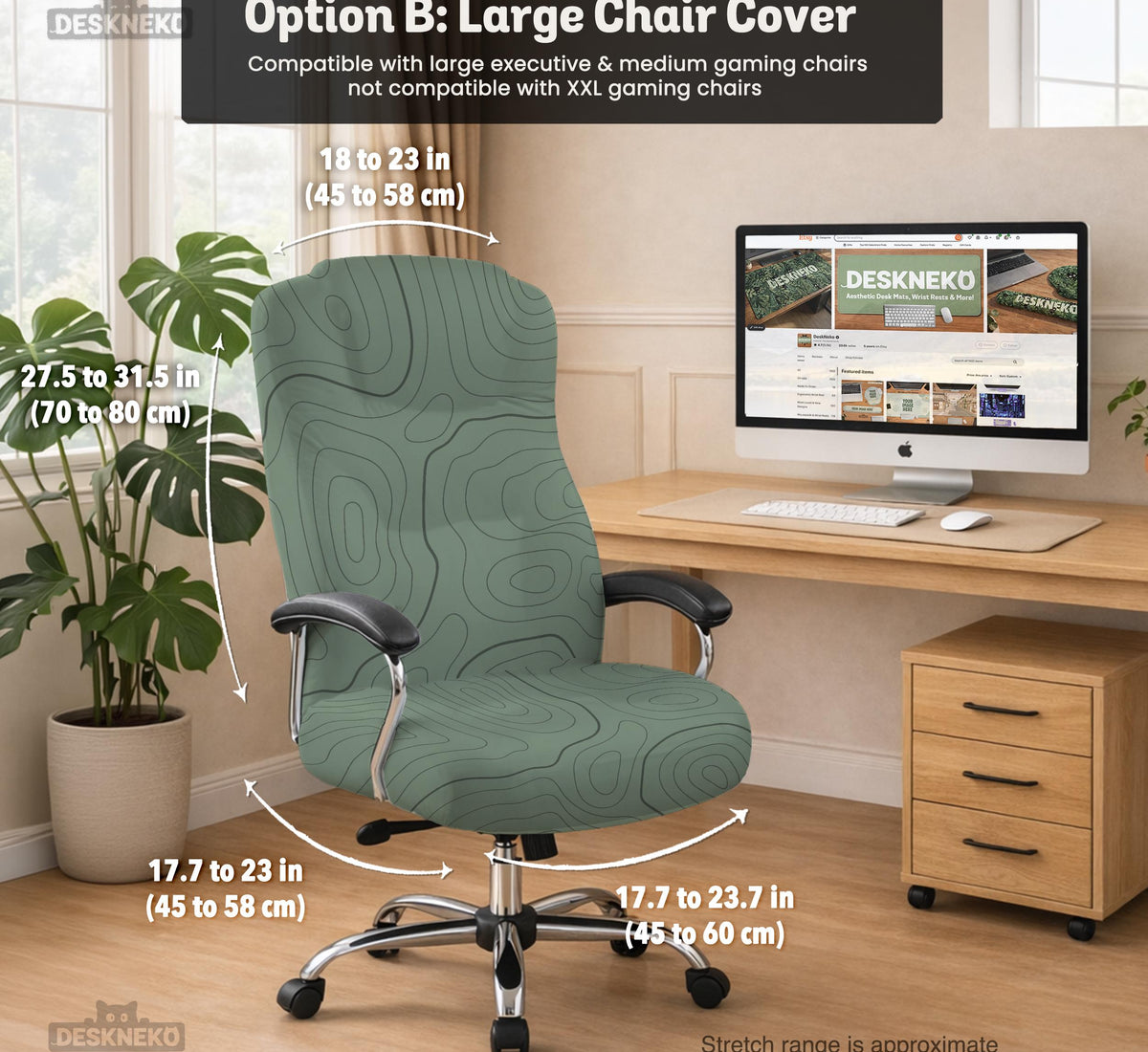 Sage green chair cover with a topographic contour-line pattern on a high-back gaming or office chair.