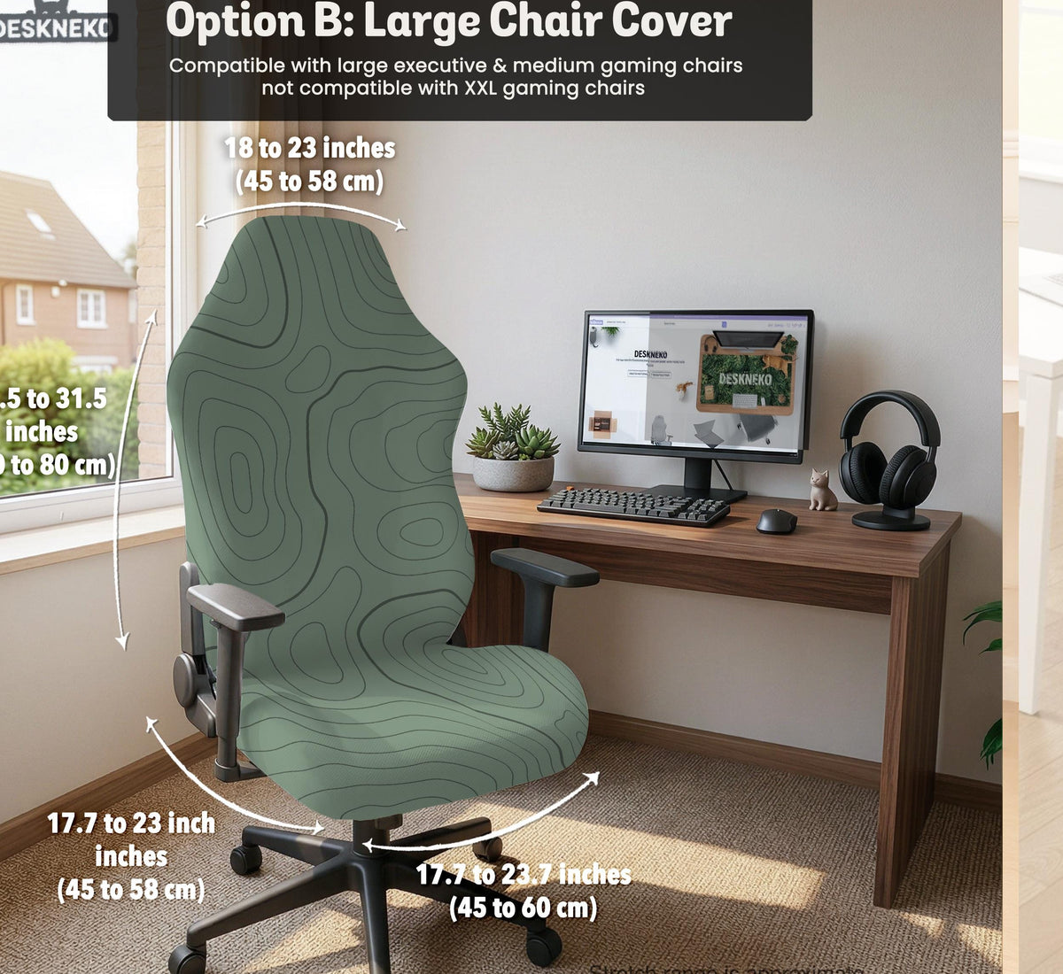Sage green chair cover with a topographic line pattern shown on a desk chair, with armrest openings visible.