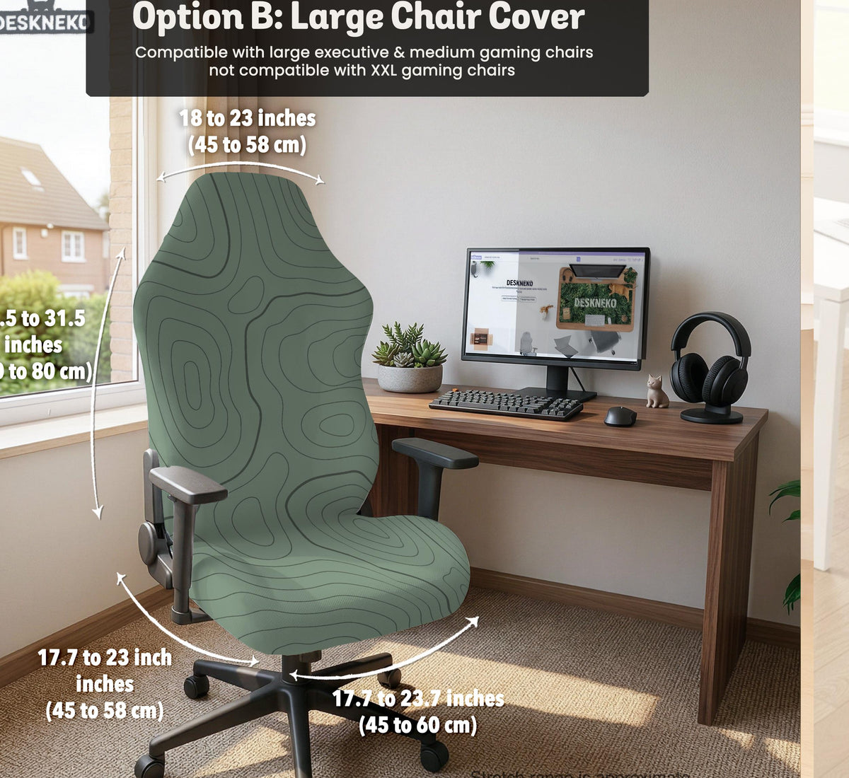 Sage green chair cover with a topographic contour-line pattern on a high-back gaming or office chair.