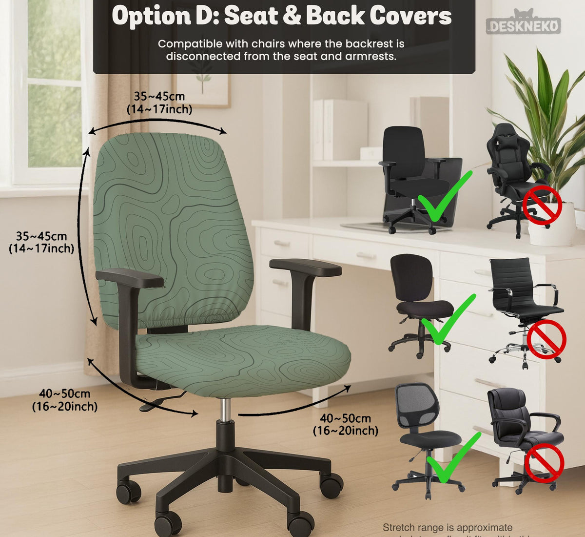 Sage green chair cover with a topographic contour-line pattern on a high-back gaming or office chair.