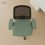 Sage green chair cover with a topographic line pattern shown on a desk chair, with armrest openings visible.