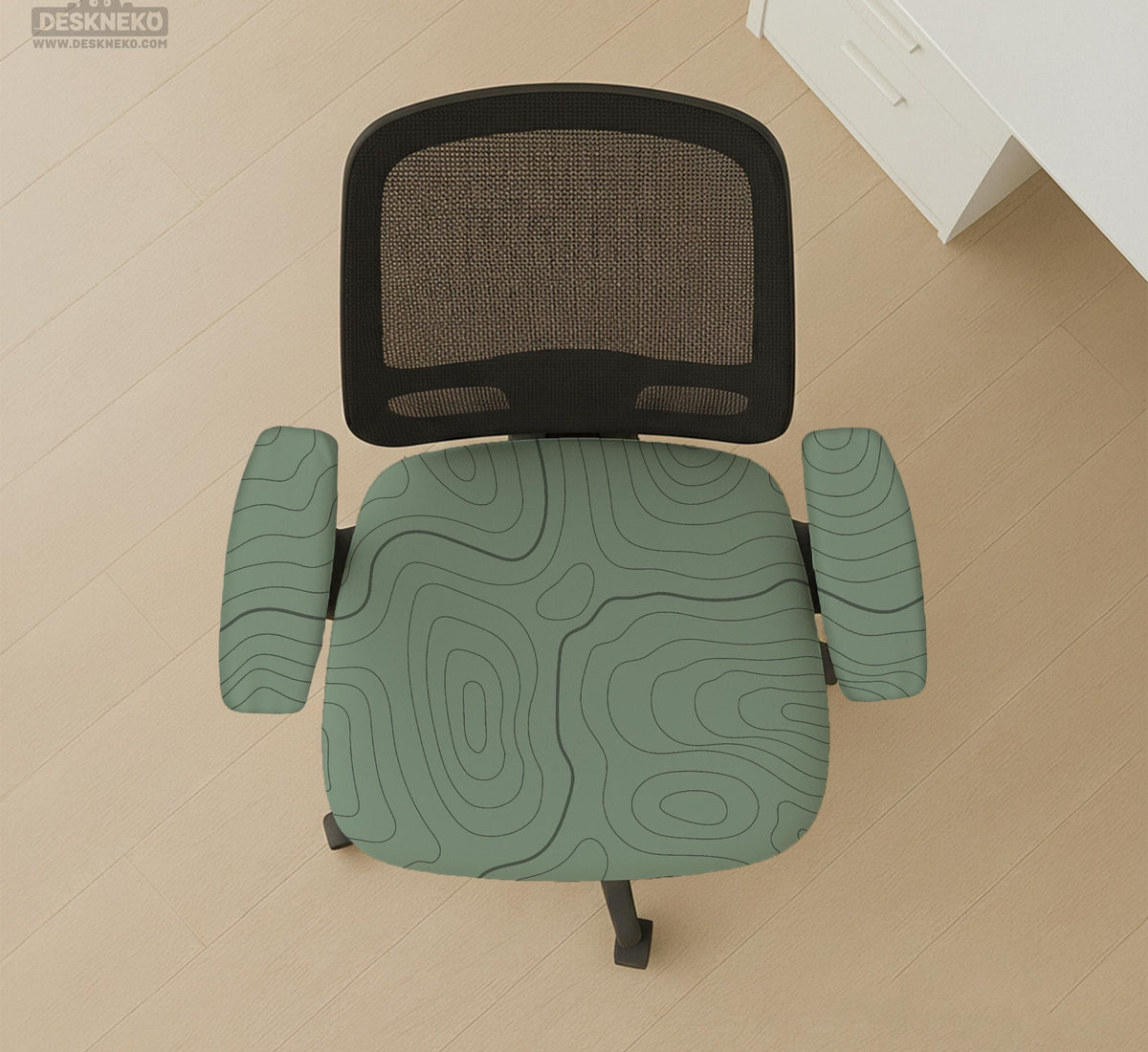Sage green chair cover with a topographic contour-line pattern on a high-back gaming or office chair.