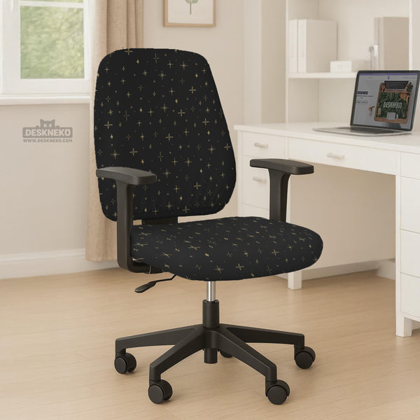 Desk chair cover in black with a small gold star pattern shown on a swivel chair.