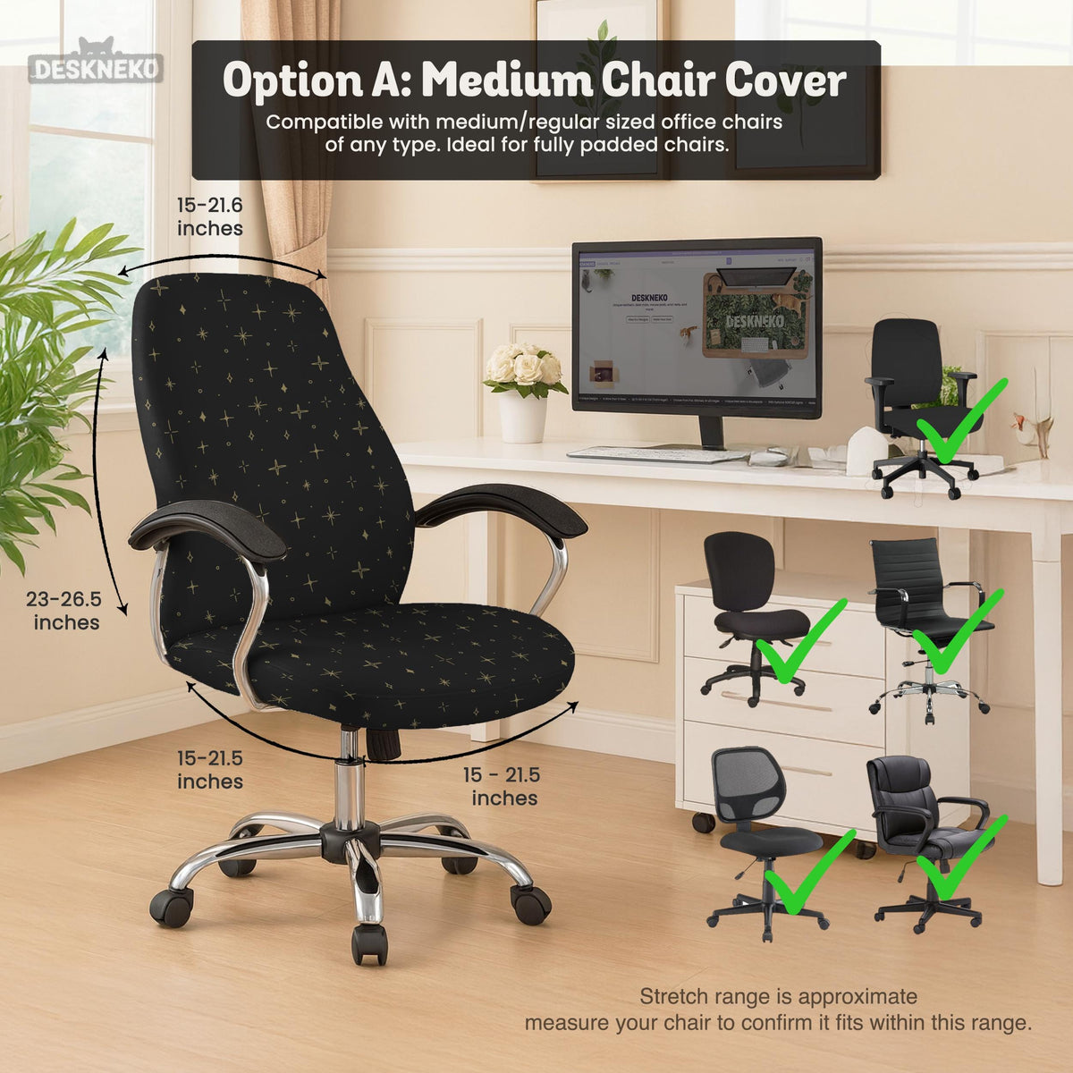 Desk chair cover in black with a small gold star pattern shown on a swivel chair.