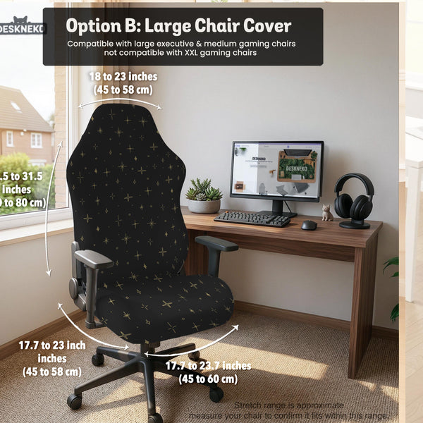 Desk chair cover in black with a small gold star pattern shown on a swivel chair.