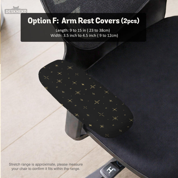 Desk chair cover in black with a small gold star pattern shown on a swivel chair.